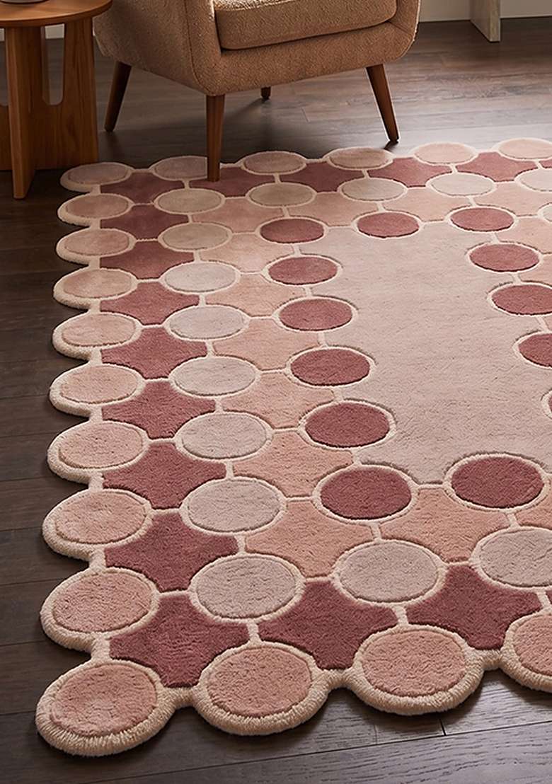 100% Wool Handmade Dusty Rose Rug | Mid Century Modern Polka Dots Scalloped Carpet With Cotton Backing For Living Room - Indya