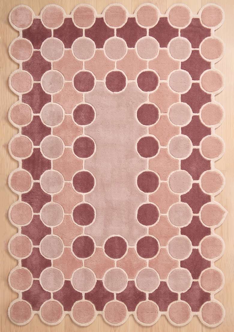 100% Wool Handmade Dusty Rose Rug | Mid Century Modern Polka Dots Scalloped Carpet With Cotton Backing For Living Room - Indya