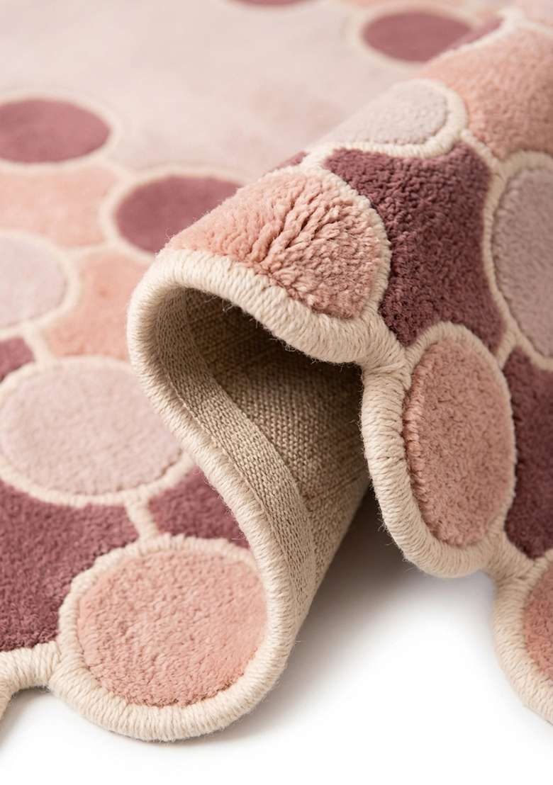 100% Wool Handmade Dusty Rose Rug | Mid Century Modern Polka Dots Scalloped Carpet With Cotton Backing For Living Room - Indya
