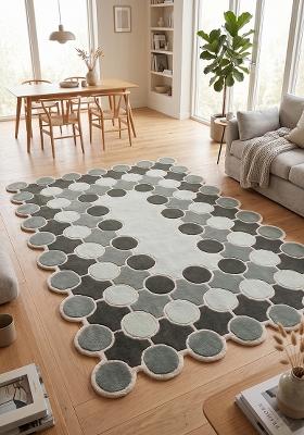 Saffron Rugs Hand Tufted Muted Sage Polka Dots Mid-Century Modern Scalloped Wool Area Rug