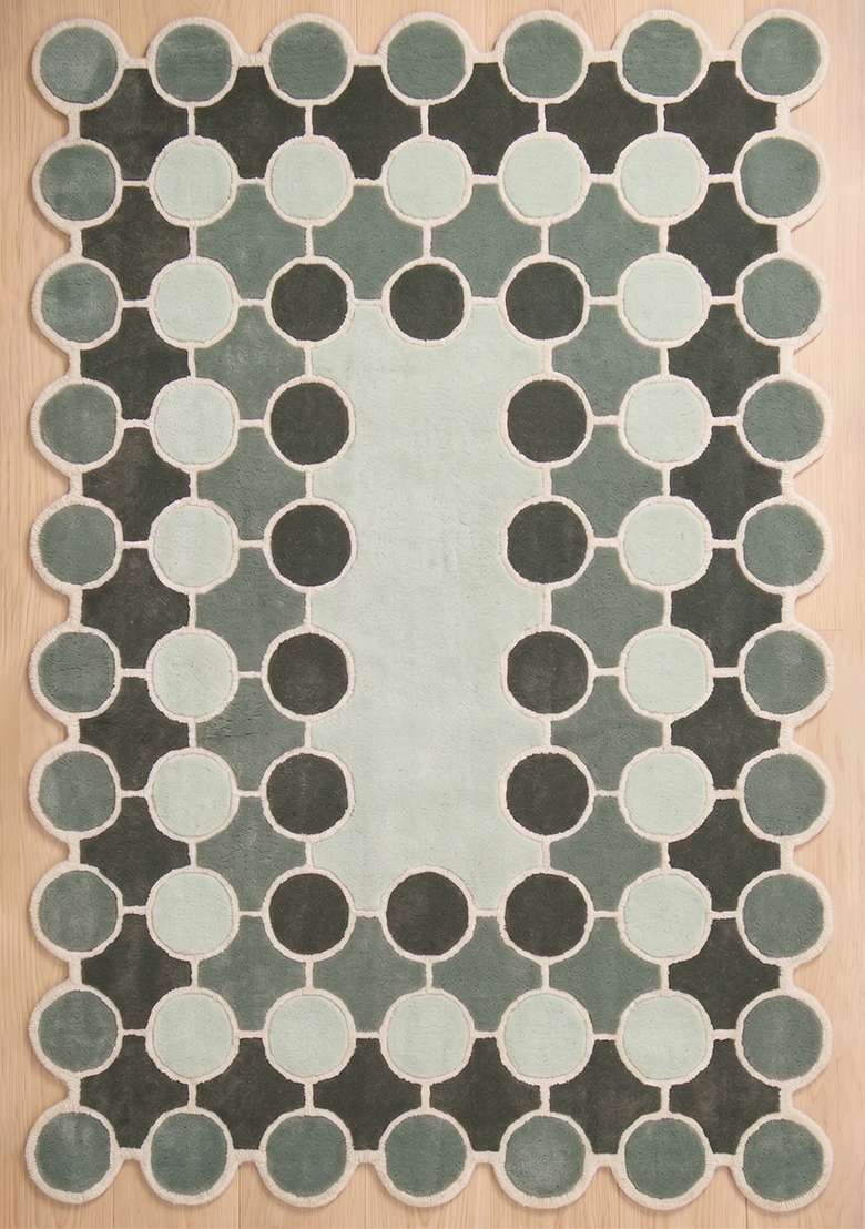 100% Wool Handmade Muted Sage Rug | Mid Century Modern Polka Dots Scalloped Carpet With Cotton Backing For Living Room - Indya