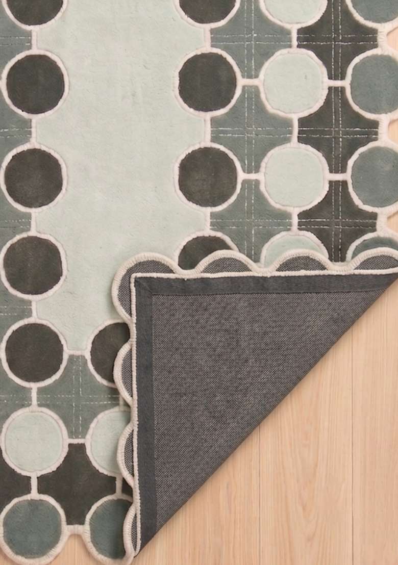 100% Wool Handmade Muted Sage Rug | Mid Century Modern Polka Dots Scalloped Carpet With Cotton Backing For Living Room - Indya