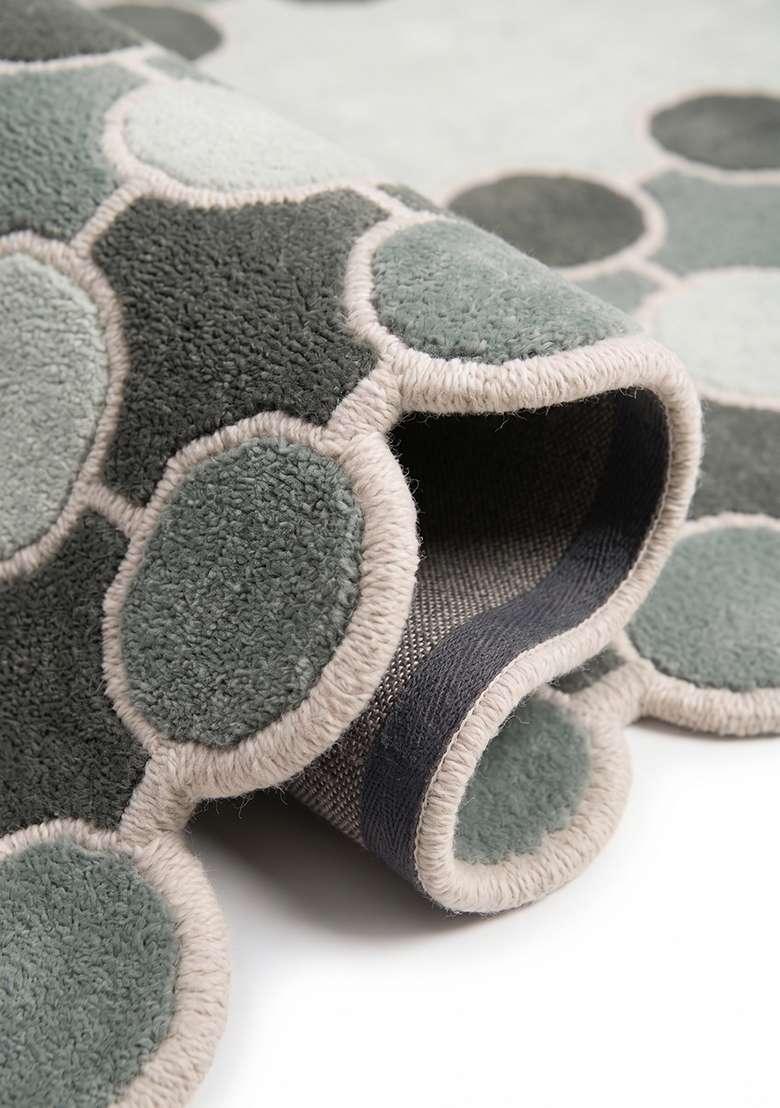 100% Wool Handmade Muted Sage Rug | Mid Century Modern Polka Dots Scalloped Carpet With Cotton Backing For Living Room - Indya