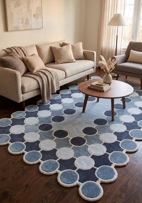 Saffron Rugs Hand Tufted Steel Blue Polka Dots Mid-Century Modern Scalloped Wool Area Rug