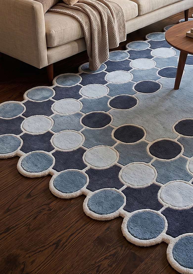 Saffron Rugs Steel Blue Mid Century Modern Polka Dot Hand Tufted Wool Scalloped Rug - Indya