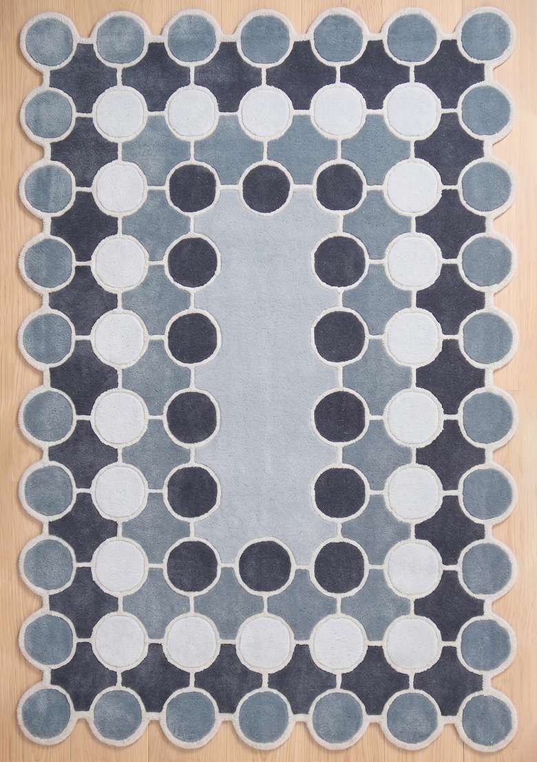 Saffron Rugs Steel Blue Mid Century Modern Polka Dot Hand Tufted Wool Scalloped Rug - Indya