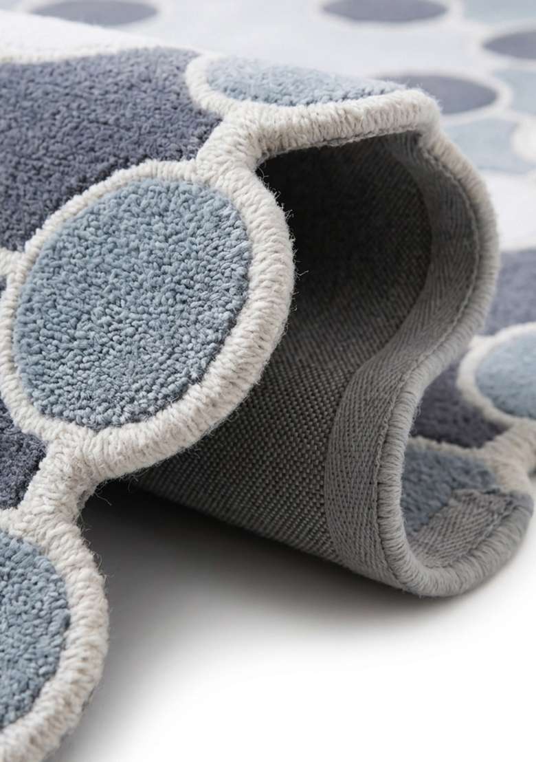 Saffron Rugs Steel Blue Mid Century Modern Polka Dot Hand Tufted Wool Scalloped Rug - Indya