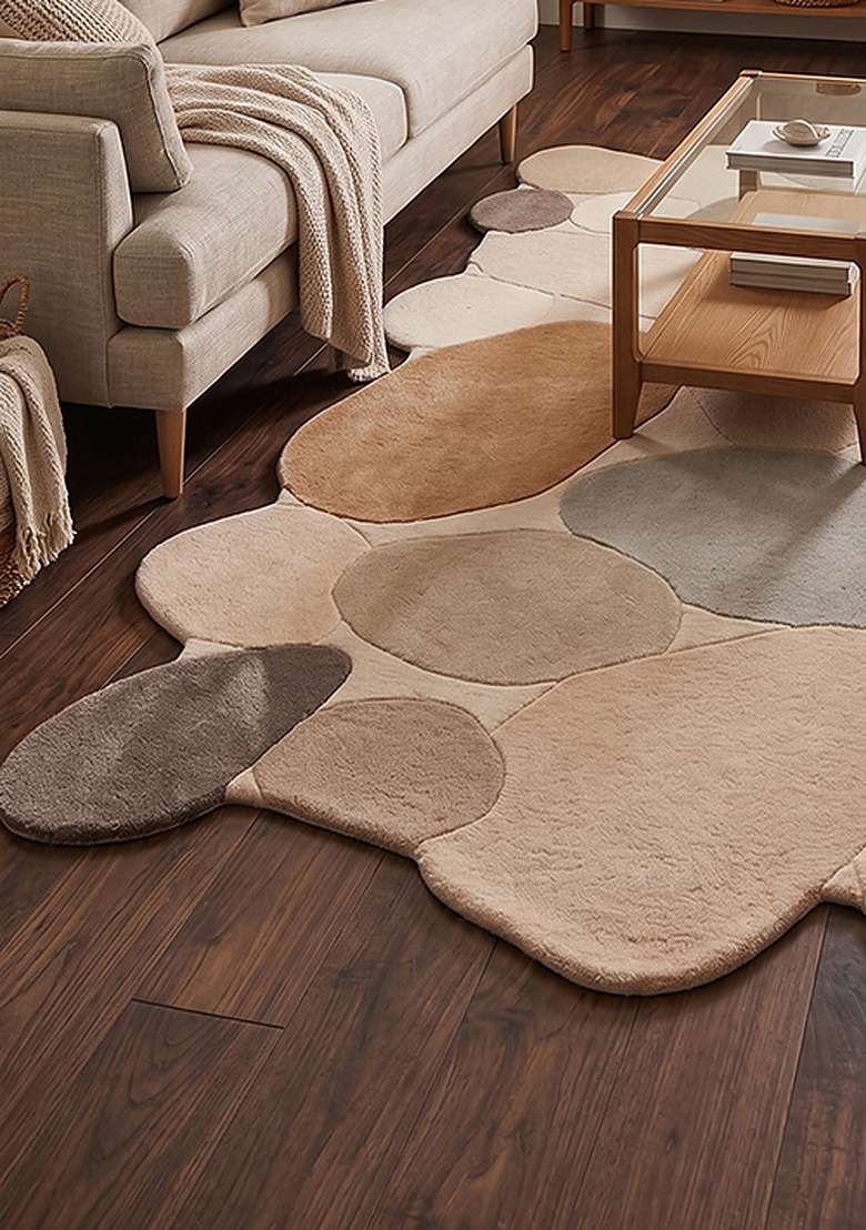 100% Wool Handmade Ivory Rug | Contemporary Geometric Oblong Carpet With Cotton Backing For Living Room - Indya