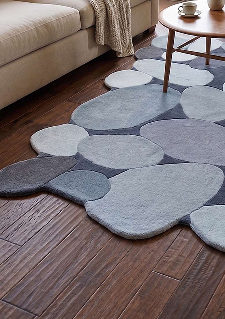 100% Wool Handmade Steel Blue Rug | Contemporary Geometric Oblong Carpet With Cotton Backing For Living Room - Indya