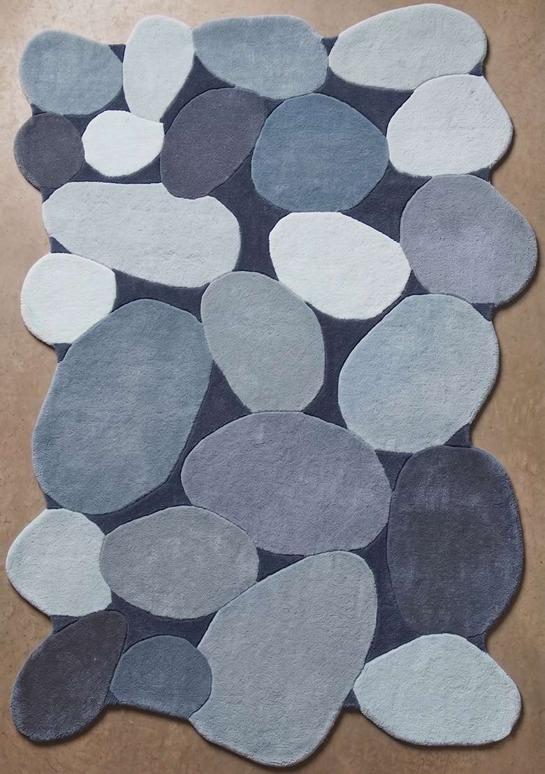 100% Wool Handmade Steel Blue Rug | Contemporary Geometric Oblong Carpet With Cotton Backing For Living Room - Indya