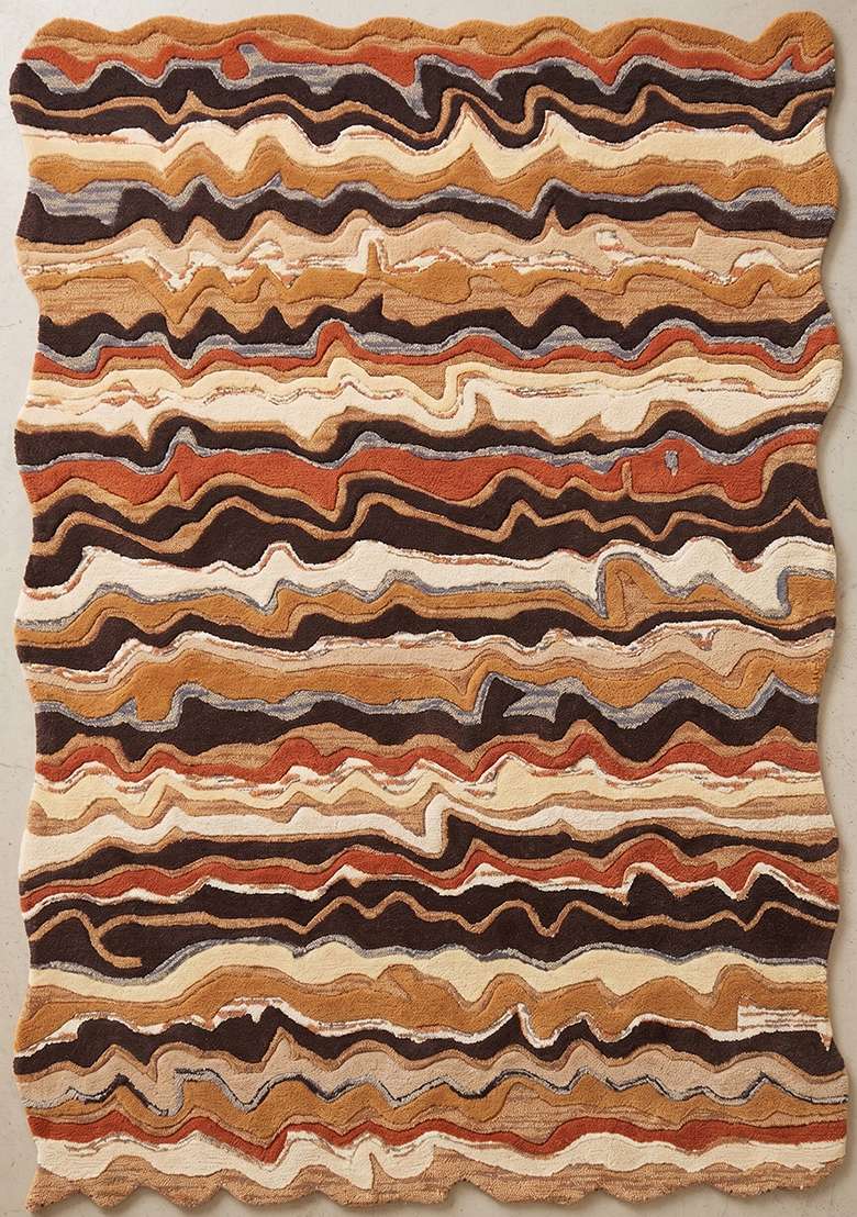 Saffron Rugs Hand-Tufted 100% Wool Area Rug | Rust Orange Scalloped Rug | Cotton Backing | Eclectic Moire Home Decor Carpet for Living Room Bedroom - Indya