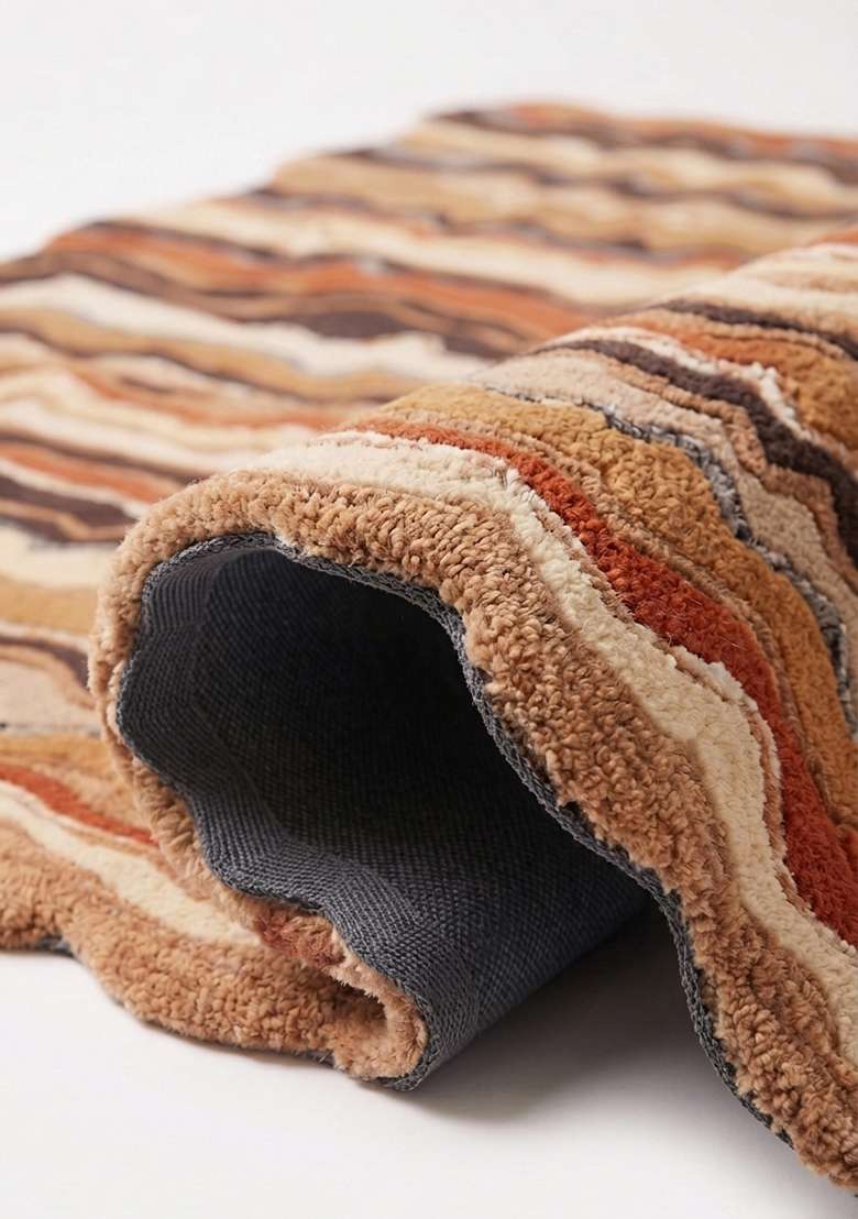 Saffron Rugs Hand-Tufted 100% Wool Area Rug | Rust Orange Scalloped Rug | Cotton Backing | Eclectic Moire Home Decor Carpet for Living Room Bedroom - Indya