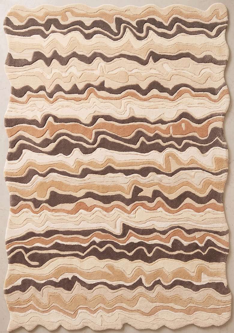 Saffron Rugs Hand-Tufted 100% Wool Area Rug | Ivory Scalloped Rug | Cotton Backing | Eclectic Moire Home Decor Carpet for Living Room Bedroom - Indya