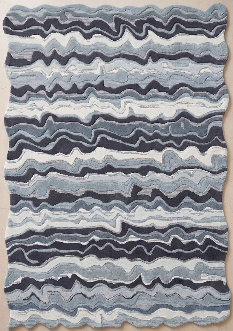 Saffron Rugs Hand-Tufted 100% Wool Area Rug | Steel Blue Scalloped Rug | Cotton Backing | Eclectic Moire Home Decor Carpet for Living Room Bedroom - Indya