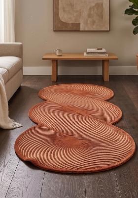 Saffron Rugs Hand Tufted Rust Orange Swirls Mid-Century Modern Oblong Wool Area Rug