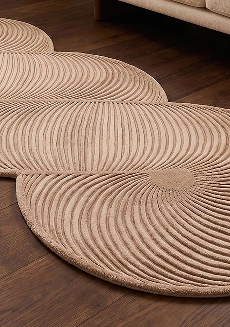 Saffron Rugs Ivory Beige Mid Century Modern Swirl Hand Tufted Wool Oblong Rug - Indya