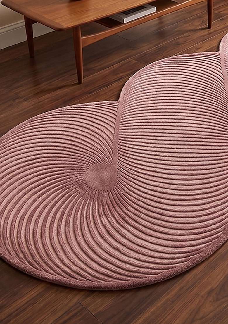100% Wool Handmade Dusty Rose Rug | Mid Century Modern Swirls Oblong Carpet With Cotton Backing For Living Room - Indya