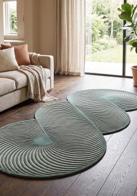 Saffron Rugs Hand Tufted Moss Green Swirls Mid-Century Modern Oblong Wool Area Rug