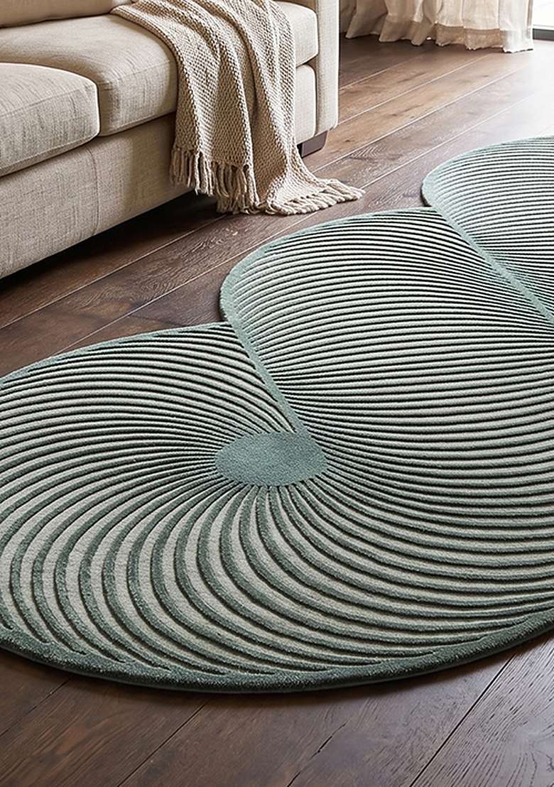 100% Wool Handmade Moss Green Rug | Mid Century Modern Swirls Oblong Carpet With Cotton Backing For Living Room - Indya