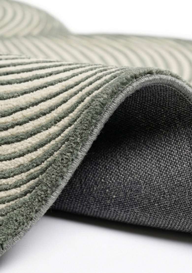 100% Wool Handmade Moss Green Rug | Mid Century Modern Swirls Oblong Carpet With Cotton Backing For Living Room - Indya