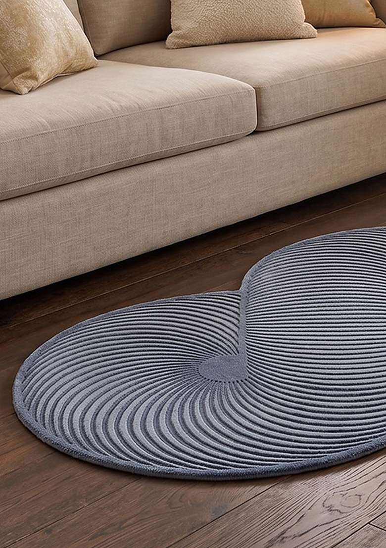 100% Wool Handmade Slate Blue Rug | Mid Century Modern Swirls Oblong Carpet With Cotton Backing For Living Room - Indya