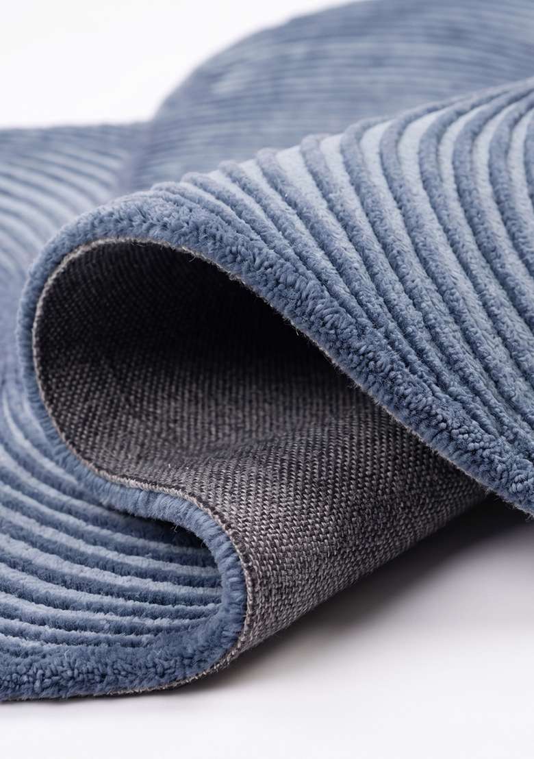 100% Wool Handmade Slate Blue Rug | Mid Century Modern Swirls Oblong Carpet With Cotton Backing For Living Room - Indya