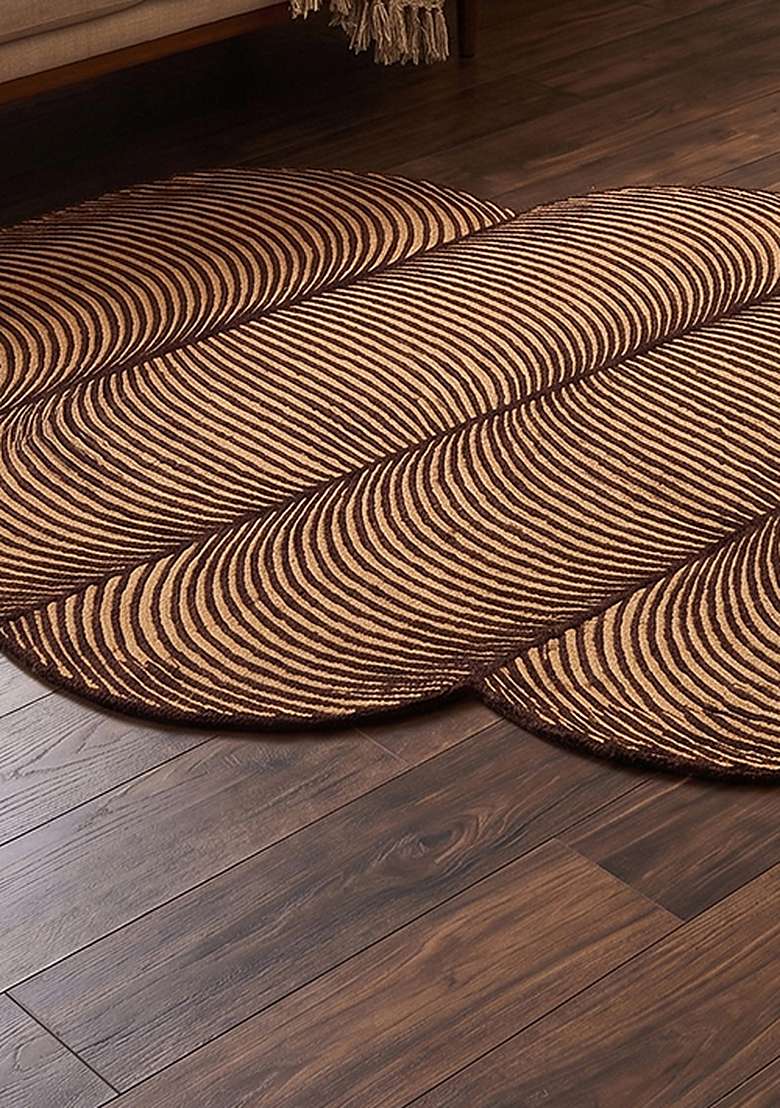 100% Wool Handmade Chocolate Brown Rug | Mid Century Modern Swirls Oblong Carpet With Cotton Backing For Living Room - Indya