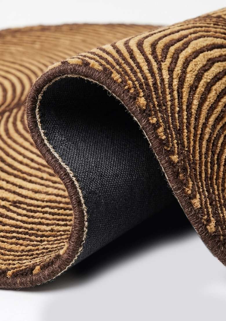 100% Wool Handmade Chocolate Brown Rug | Mid Century Modern Swirls Oblong Carpet With Cotton Backing For Living Room - Indya