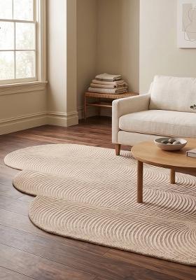 Saffron Rugs Hand Tufted Ivory Beige Swirls Mid-Century Modern Oblong Wool Area Rug