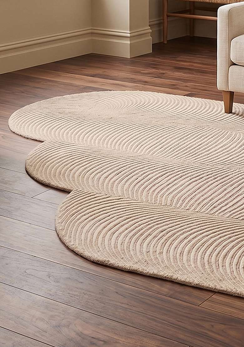 Saffron Rugs Ivory Beige Mid Century Modern Swirl Hand Tufted Wool Oblong Rug - Indya