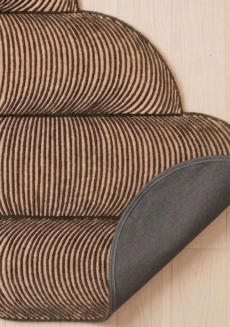 100% Wool Handmade Dark Taupe Rug | Mid Century Modern Swirls Oblong Carpet With Cotton Backing For Living Room - Indya