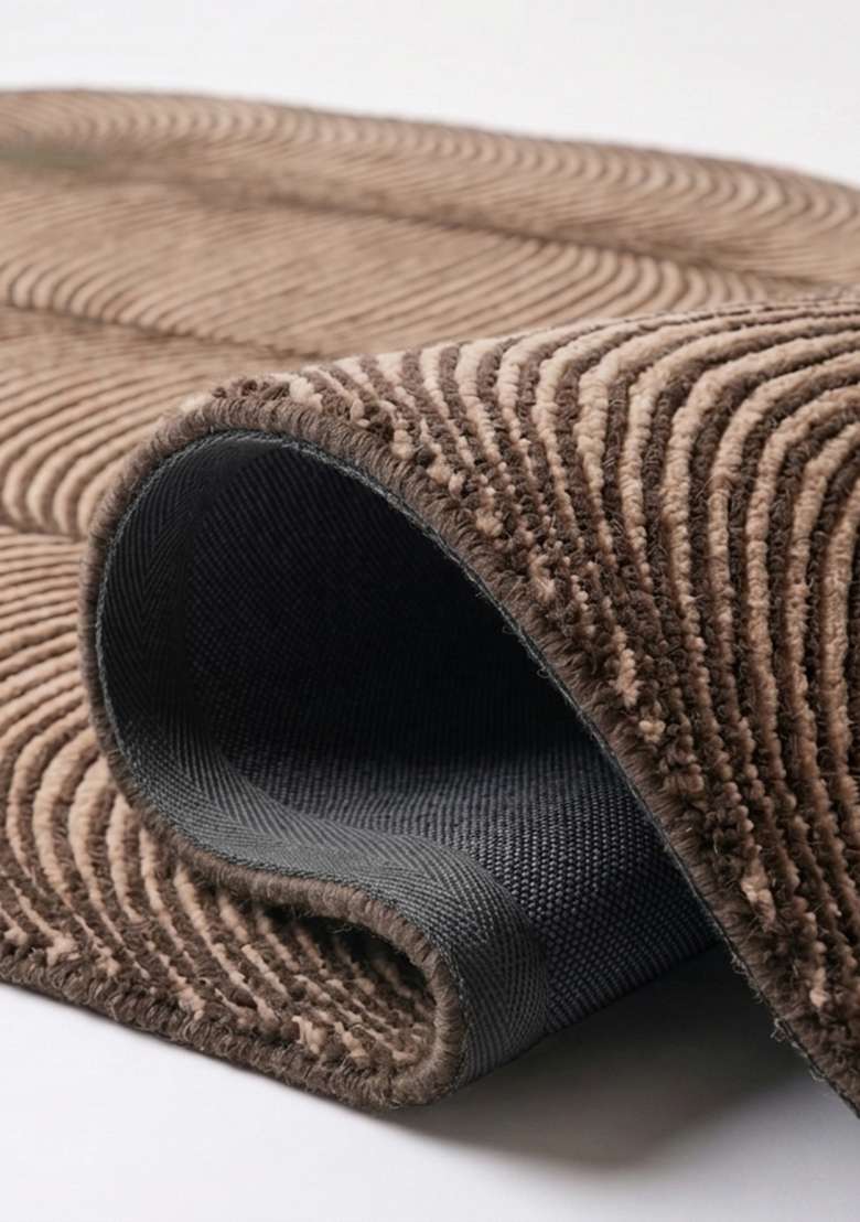 100% Wool Handmade Dark Taupe Rug | Mid Century Modern Swirls Oblong Carpet With Cotton Backing For Living Room - Indya