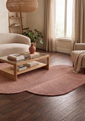 Saffron Rugs Hand Tufted Dusty Rose Swirls Mid-Century Modern Oblong Wool Area Rug