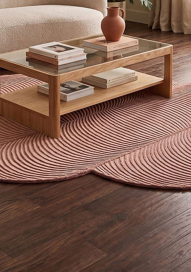 100% Wool Handmade Dusty Rose Rug | Mid Century Modern Swirls Oblong Carpet With Cotton Backing For Living Room - Indya