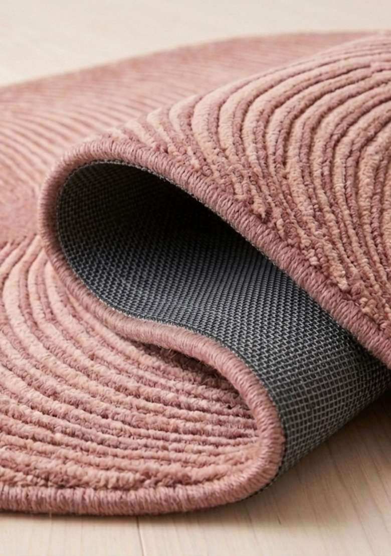 100% Wool Handmade Dusty Rose Rug | Mid Century Modern Swirls Oblong Carpet With Cotton Backing For Living Room - Indya