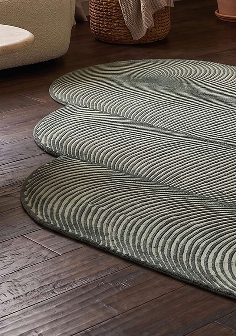 Saffron Rugs Muted Sage Mid Century Modern Swirl Hand Tufted Wool Oblong Rug - Indya