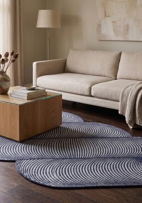 Saffron Rugs Hand Tufted Steel Blue Swirls Mid-Century Modern Oblong Wool Area Rug
