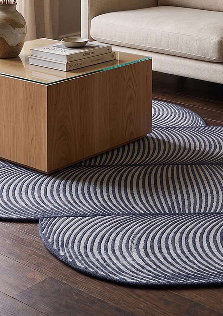 100% Wool Handmade Steel Blue Rug | Mid Century Modern Swirls Oblong Carpet With Cotton Backing For Living Room - Indya