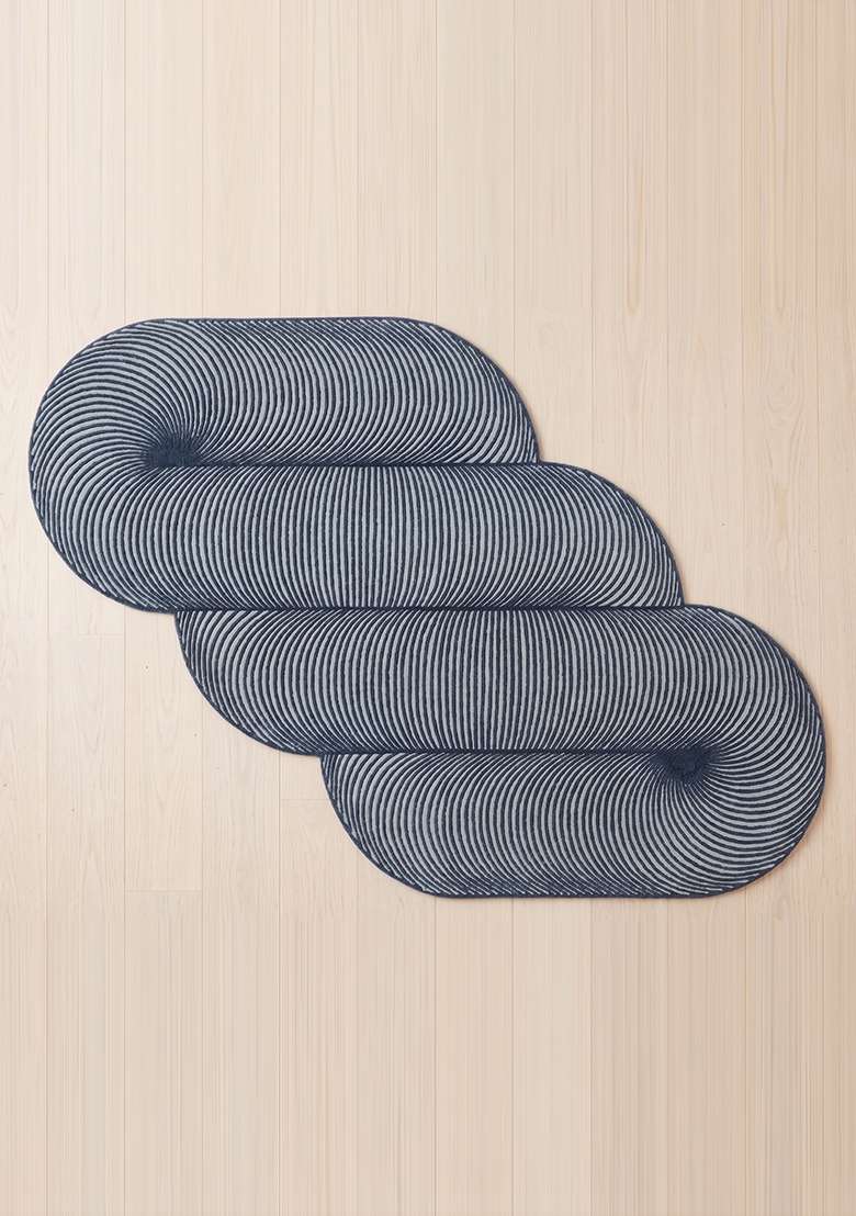 100% Wool Handmade Steel Blue Rug | Mid Century Modern Swirls Oblong Carpet With Cotton Backing For Living Room - Indya