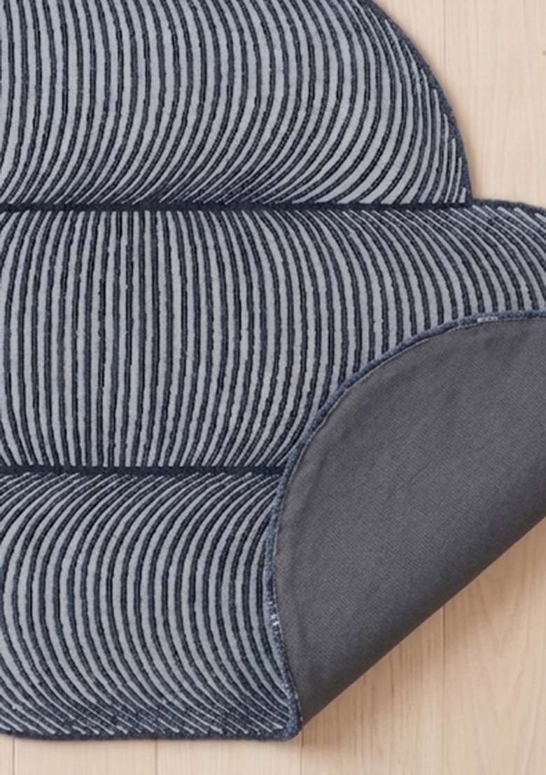 100% Wool Handmade Steel Blue Rug | Mid Century Modern Swirls Oblong Carpet With Cotton Backing For Living Room - Indya