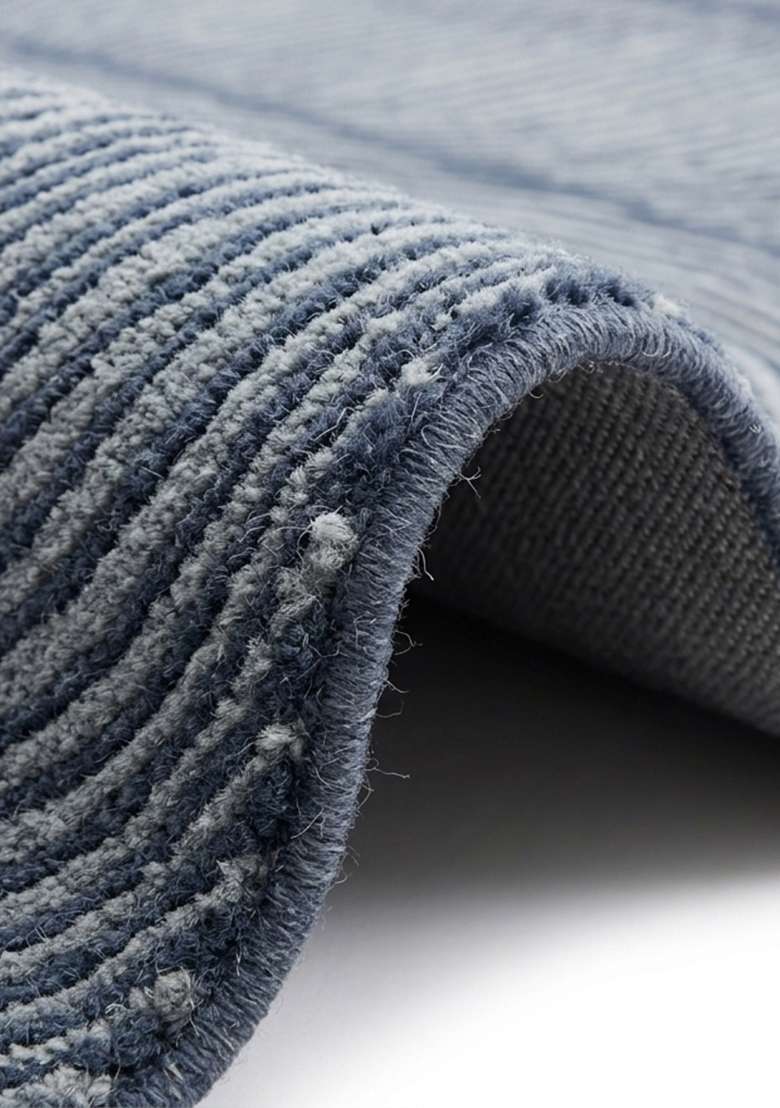 100% Wool Handmade Steel Blue Rug | Mid Century Modern Swirls Oblong Carpet With Cotton Backing For Living Room - Indya