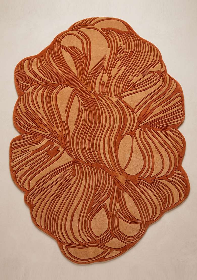 100% Wool Handmade Burnt Orange Rug | Contemporary Leaf Oblong Carpet With Cotton Backing For Living Room - Indya