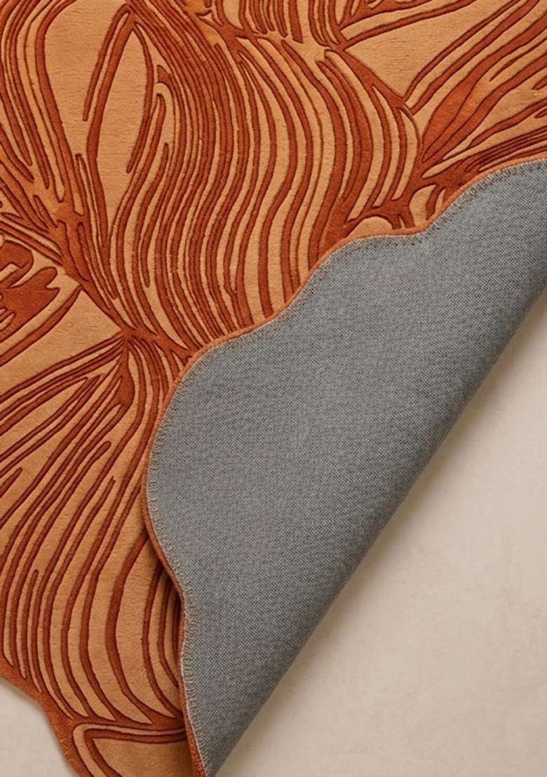 100% Wool Handmade Burnt Orange Rug | Contemporary Leaf Oblong Carpet With Cotton Backing For Living Room - Indya