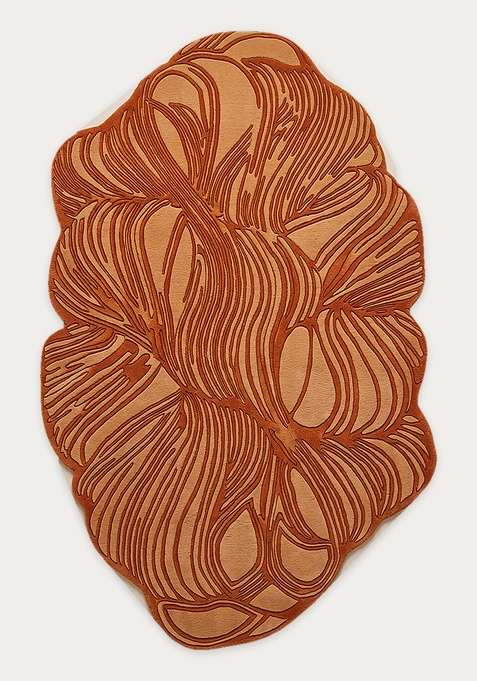 100% Wool Handmade Burnt Orange Rug | Contemporary Leaf Oblong Carpet With Cotton Backing For Living Room