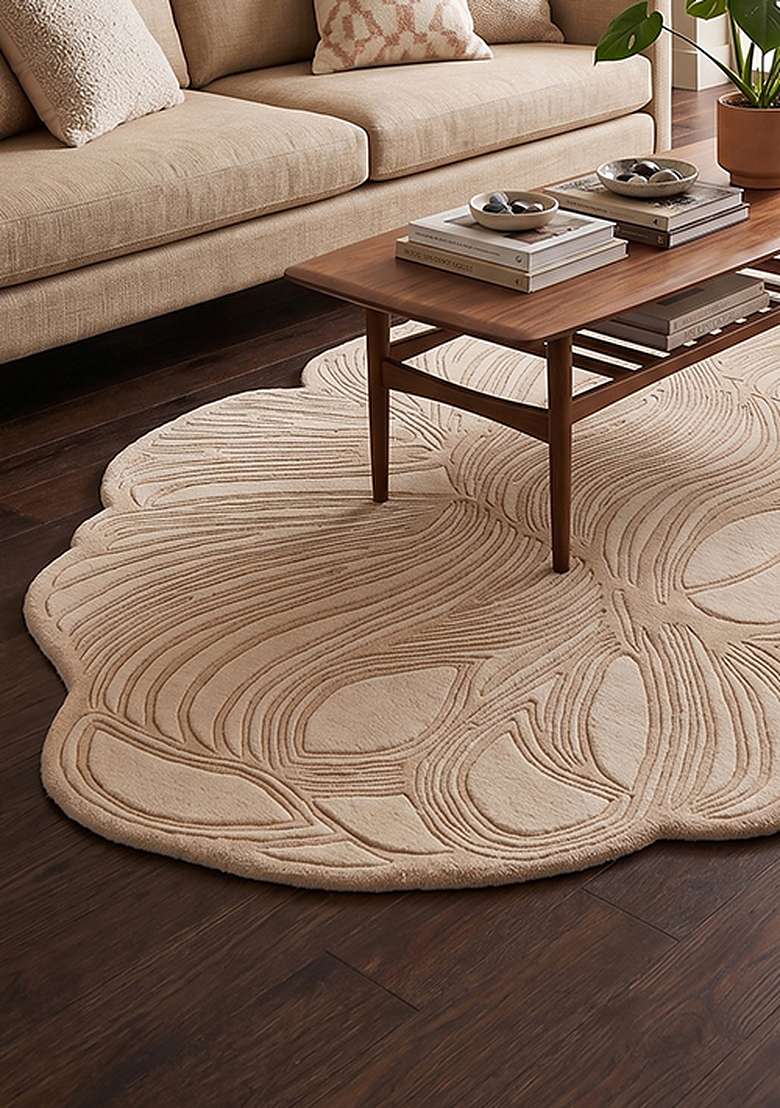 Saffron Rugs Ivory Beige Contemporary Leaf Hand Tufted Wool Oblong Rug - Indya