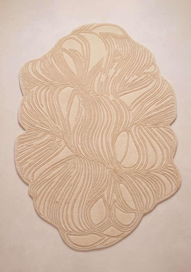 Saffron Rugs Ivory Beige Contemporary Leaf Hand Tufted Wool Oblong Rug - Indya
