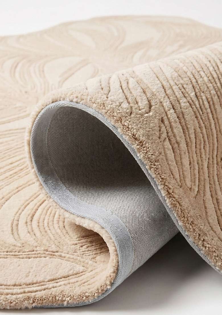 Saffron Rugs Ivory Beige Contemporary Leaf Hand Tufted Wool Oblong Rug - Indya