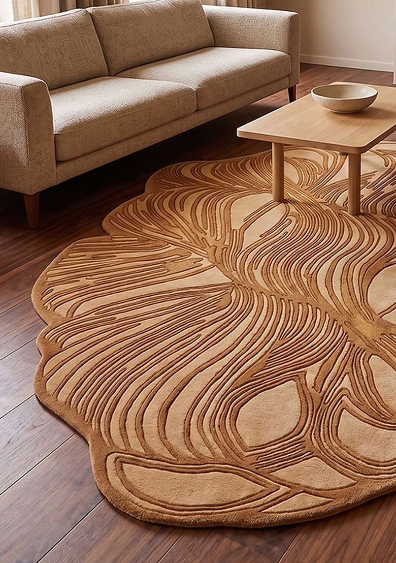 100% Wool Handmade Rust Orange Rug | Contemporary Leaf Oblong Carpet With Cotton Backing For Living Room - Indya