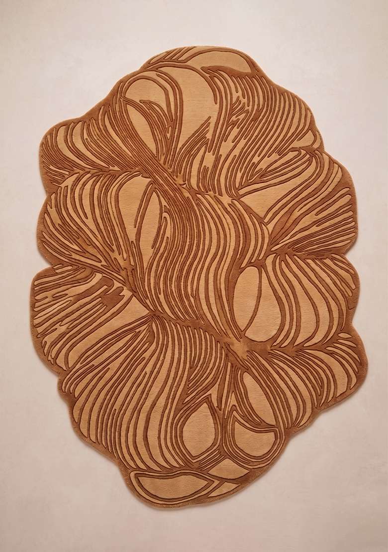 100% Wool Handmade Rust Orange Rug | Contemporary Leaf Oblong Carpet With Cotton Backing For Living Room - Indya