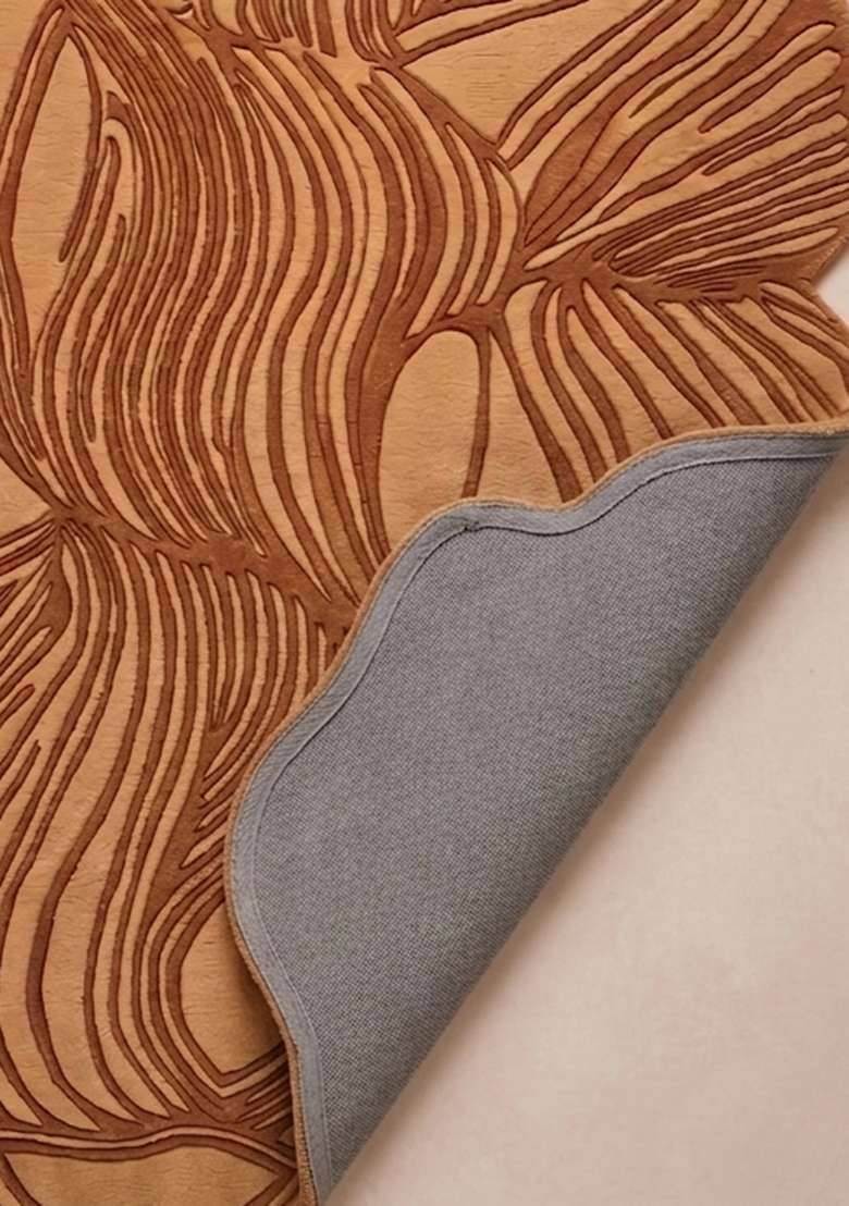 100% Wool Handmade Rust Orange Rug | Contemporary Leaf Oblong Carpet With Cotton Backing For Living Room - Indya